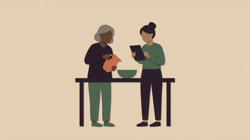 Two people cooking together at one bench: one pours from a jug, the other reads a recipe on a tablet. Cut-paper illustration.