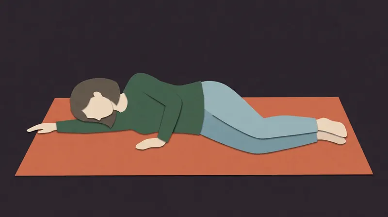 A person lying on a mat, resting. Cut-paper illustration.
