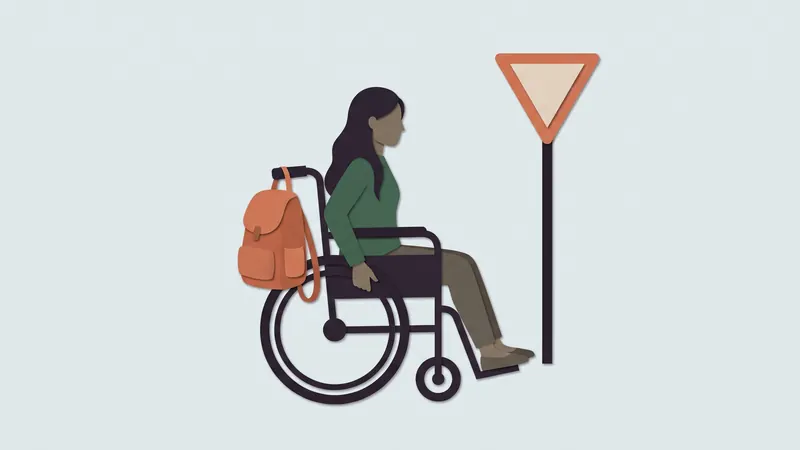 A person in a wheelchair with a backpack, heading towards a road sign. Cut-paper illustration.