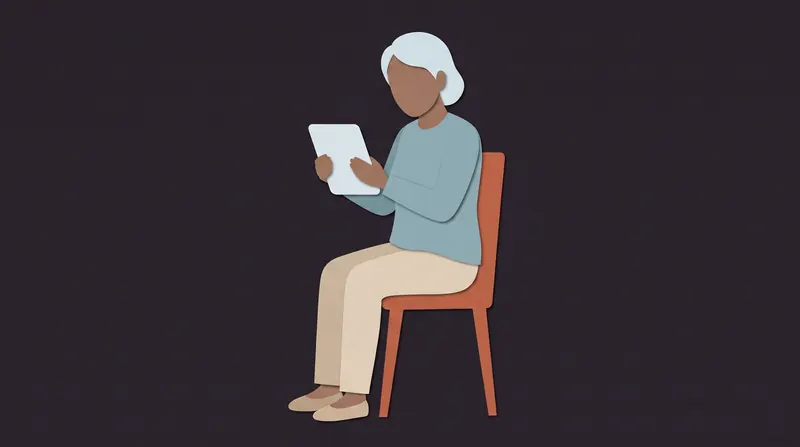 An older person seated in a chair, holding a tablet. Cut-paper illustration.