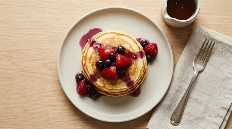 Fluffy yoghurt pancakes with warm berries