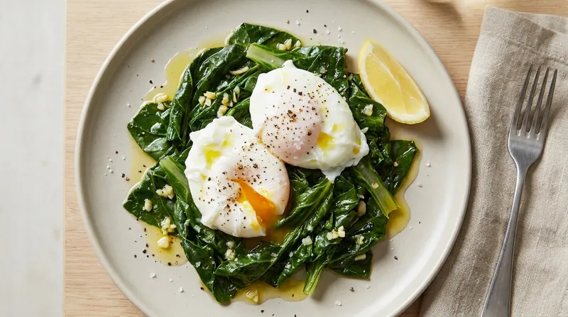 Poached eggs on wilted silverbeet