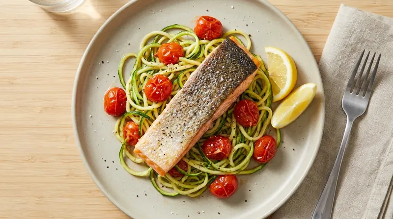 Baked salmon with zucchini noodles