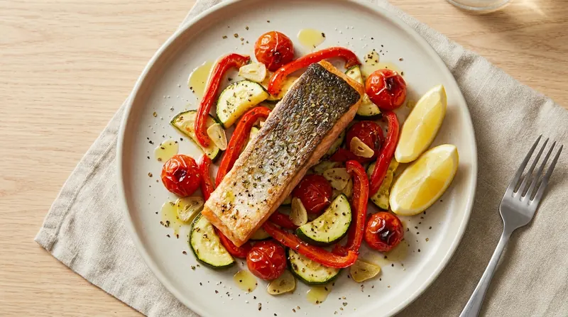 Baked salmon with roasted vegetables