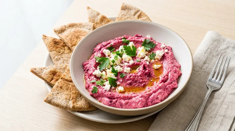 Beetroot and feta dip with warm pita