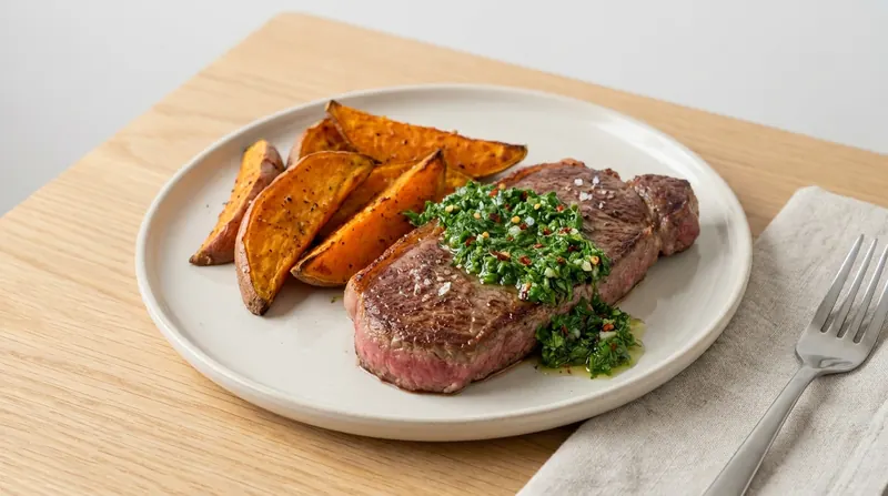 Steak with chimichurri and sweet potato