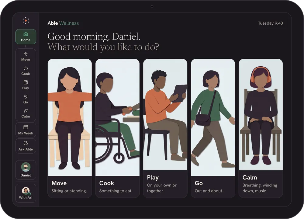 Able home screen on iPad: Good morning, Daniel. What would you like to do? Five doors: Move, Cook, Play, Go and Calm, with Home, My Week and Ask Able in the side rail.
