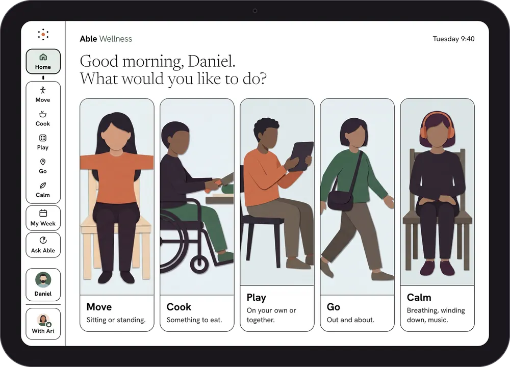 Able home screen on iPad: Good morning, Daniel. What would you like to do? Five doors: Move, Cook, Play, Go and Calm, with Home, My Week and Ask Able in the side rail.