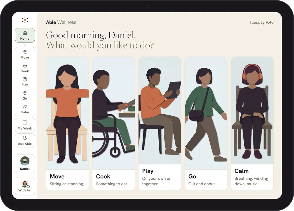 Able home screen on iPad: Good morning, Daniel. What would you like to do? Five doors: Move, Cook, Play, Go and Calm, with Home, My Week and Ask Able in the side rail.